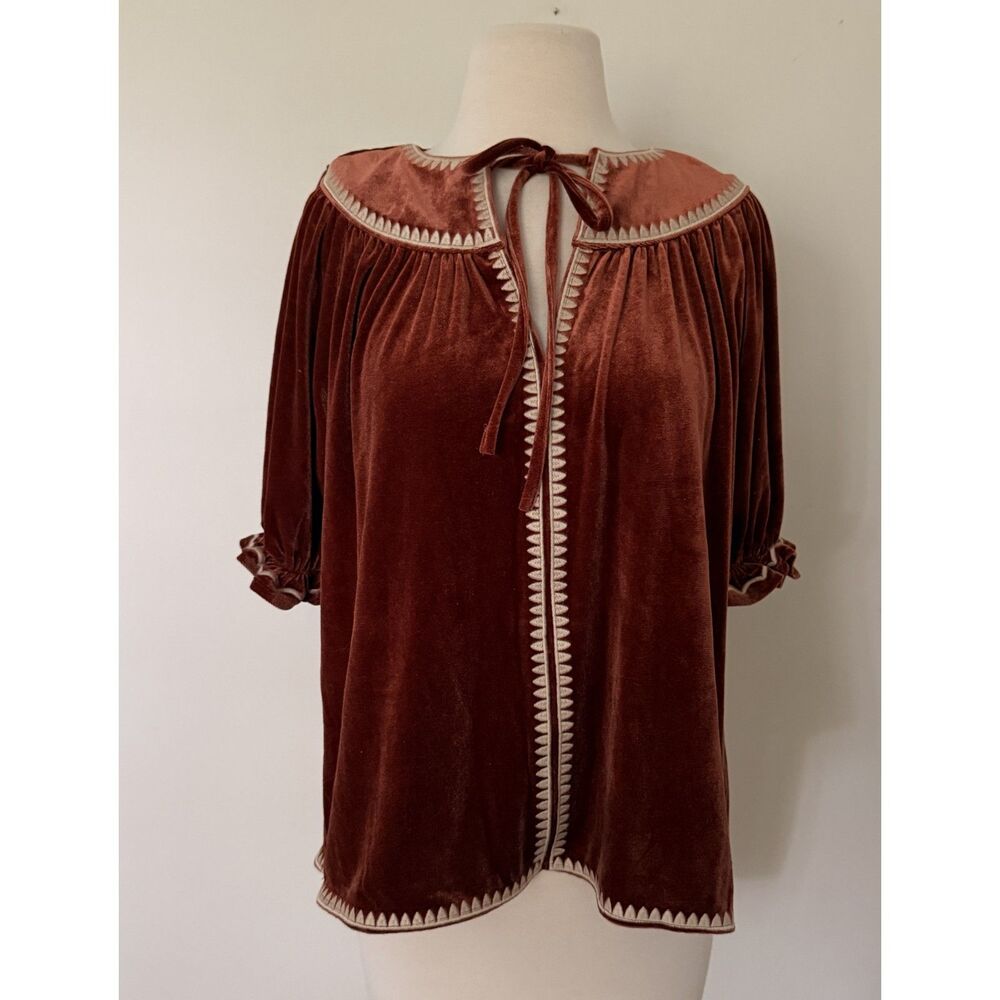 THML Rust Orange Velvet Embroidered Split Neck Tassel Peasant Blouse Top Sz S - Picture 2 of 9